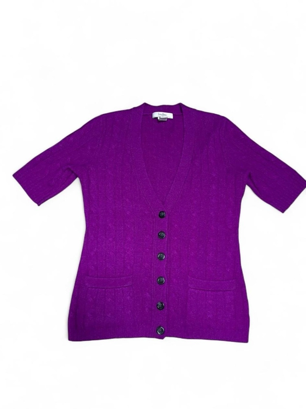 Neiman Marcus 100% Cashmere Short Sleeve Cardigan Sweater Purple XS Pocket Knit